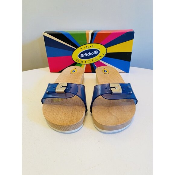 Dr Scholls Women Size 8 M Wood Exercise Clog Sandal Blue Vinyl Slide Shoe New - Picture 8 of 12